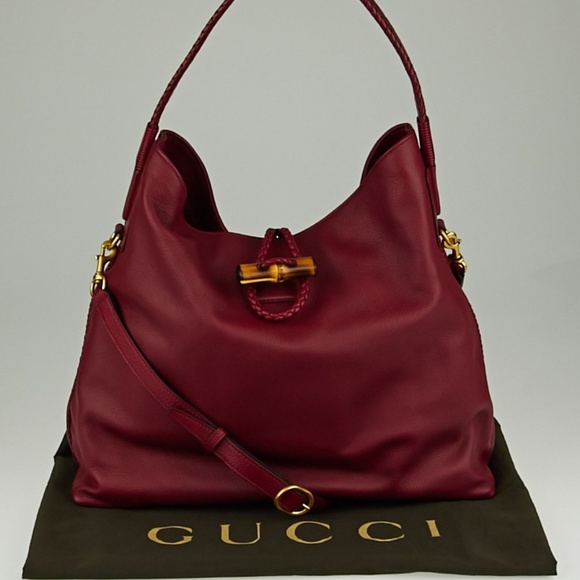 Gucci Red Deer Leather Hip Bamboo Handbag Bordeaux Large Soft Shoulder Tote Bag - Picture 9 of 16